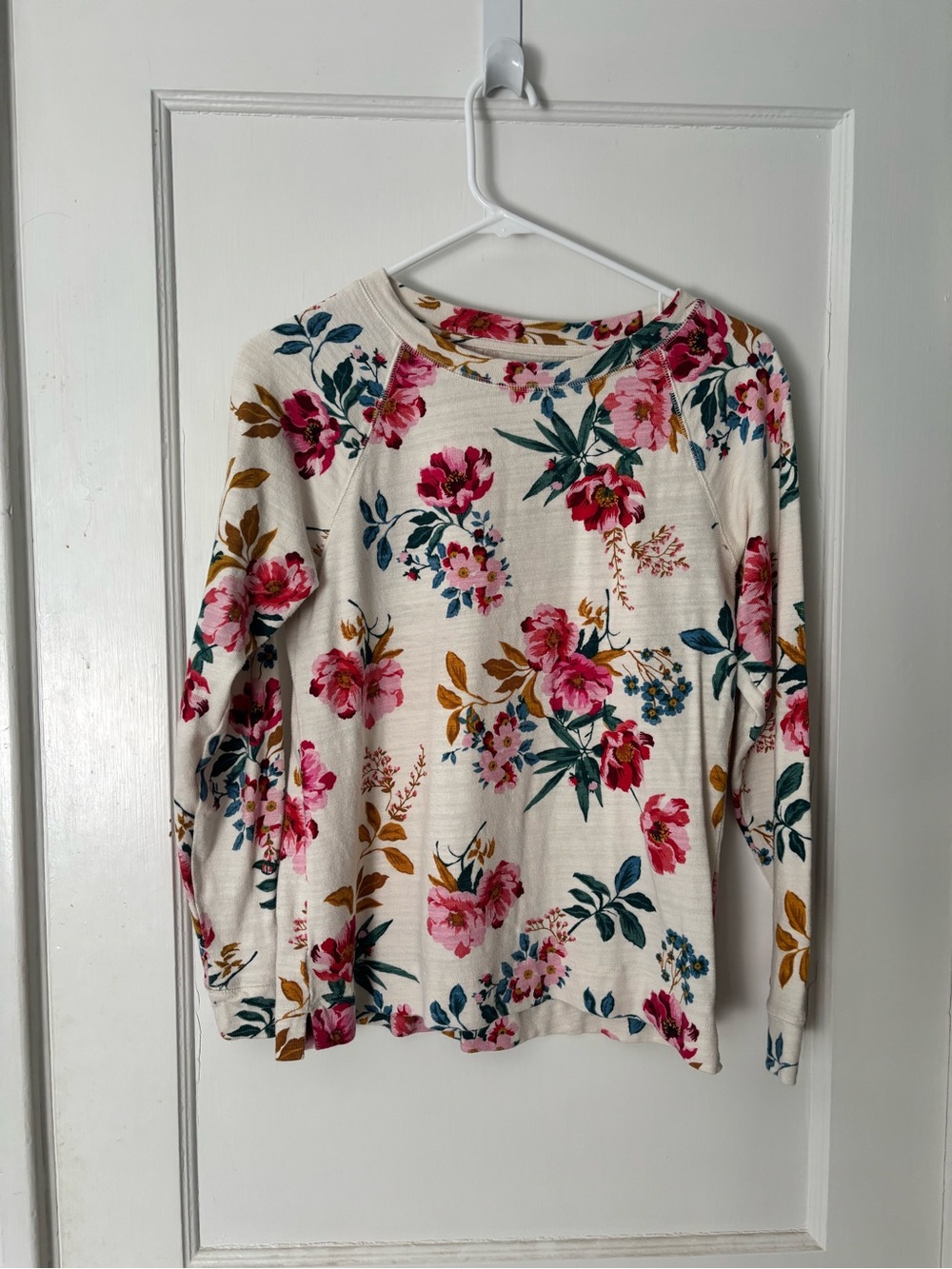 LOFT Cream Long-Sleeve Top with Pink Floral Print